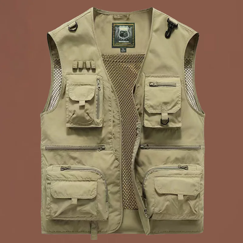 Summer Work Vest New Solid Color Multi Pocket Thin Style Outdoor Fishing Photography Loose Tactical Vest Men's Sleeveless Jacket