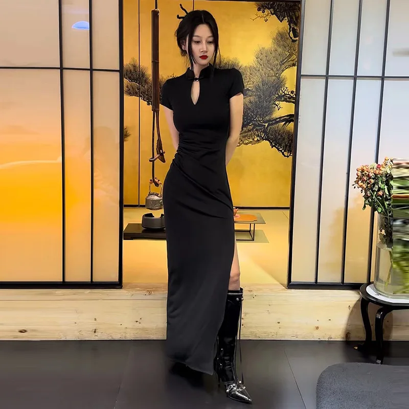 Solid Button Hollow Out Slit Bodycon Short Sleeve Women'S Dresses Long Streetwear Casual Outfit Summer Fashion