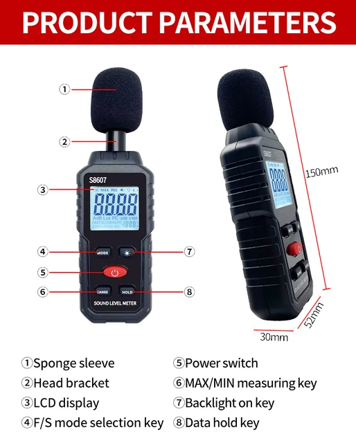 Medidor de decibelios sonómetro db acústico SPL lector de decibelios 30dBA  ~ 130dBA