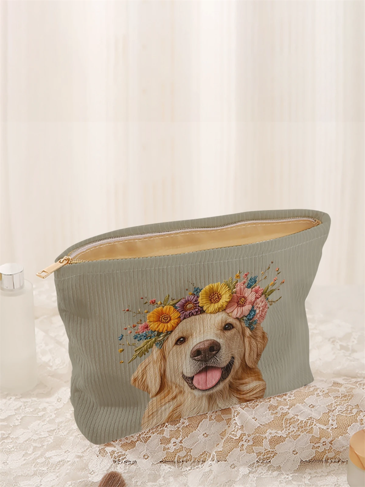 1 cartoon dog pattern printed corduroy makeup bag, lightweight zipper makeup storage box, multifunctional bag with lining