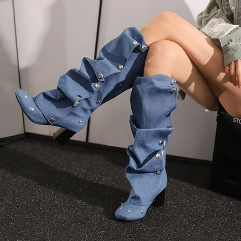 

2024 Denim Square Toe Boots Detachable Rivets 7cm Thick Heel and Knee Length Boots Winter Side Zipper Brown Trendy Boots 35-45