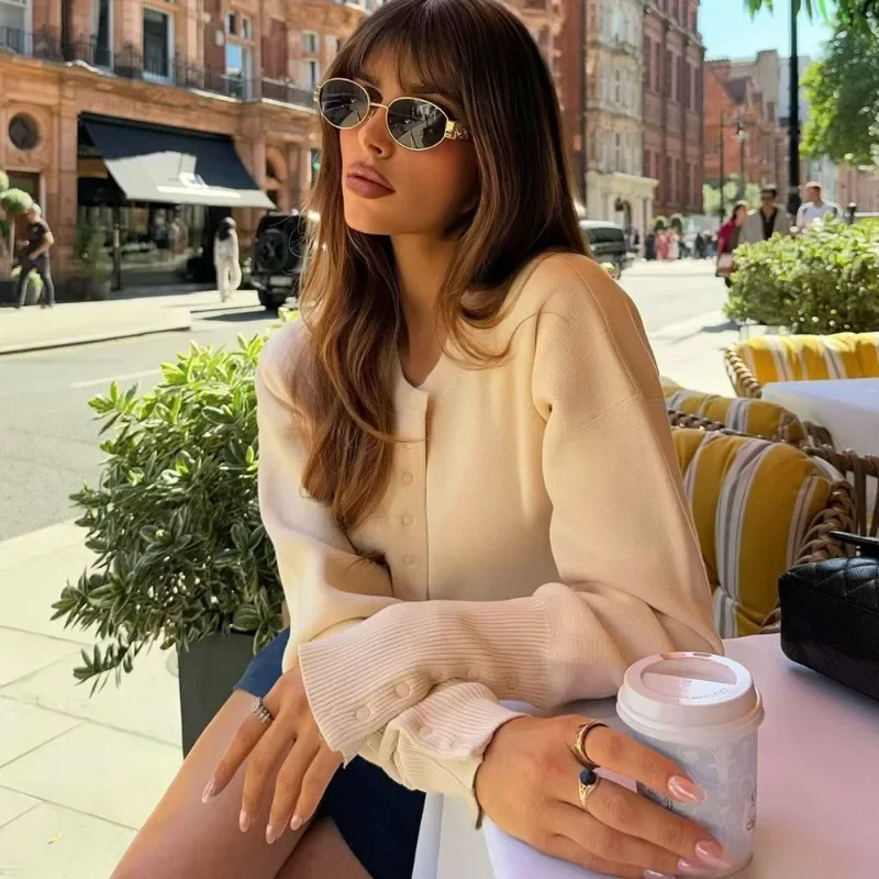 Women's High Waist Round Neck Single Breasted Cardigan Solid Long Sleeve Short Sweater Top Autumn Slim Bottoming Shirt 4