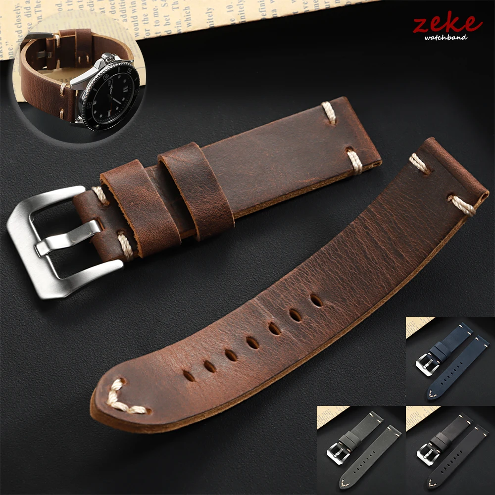 Vintage Genuine Leather Cowhide Watch Band - Soft Stitching Crazy Horse Calfskin Bracelet