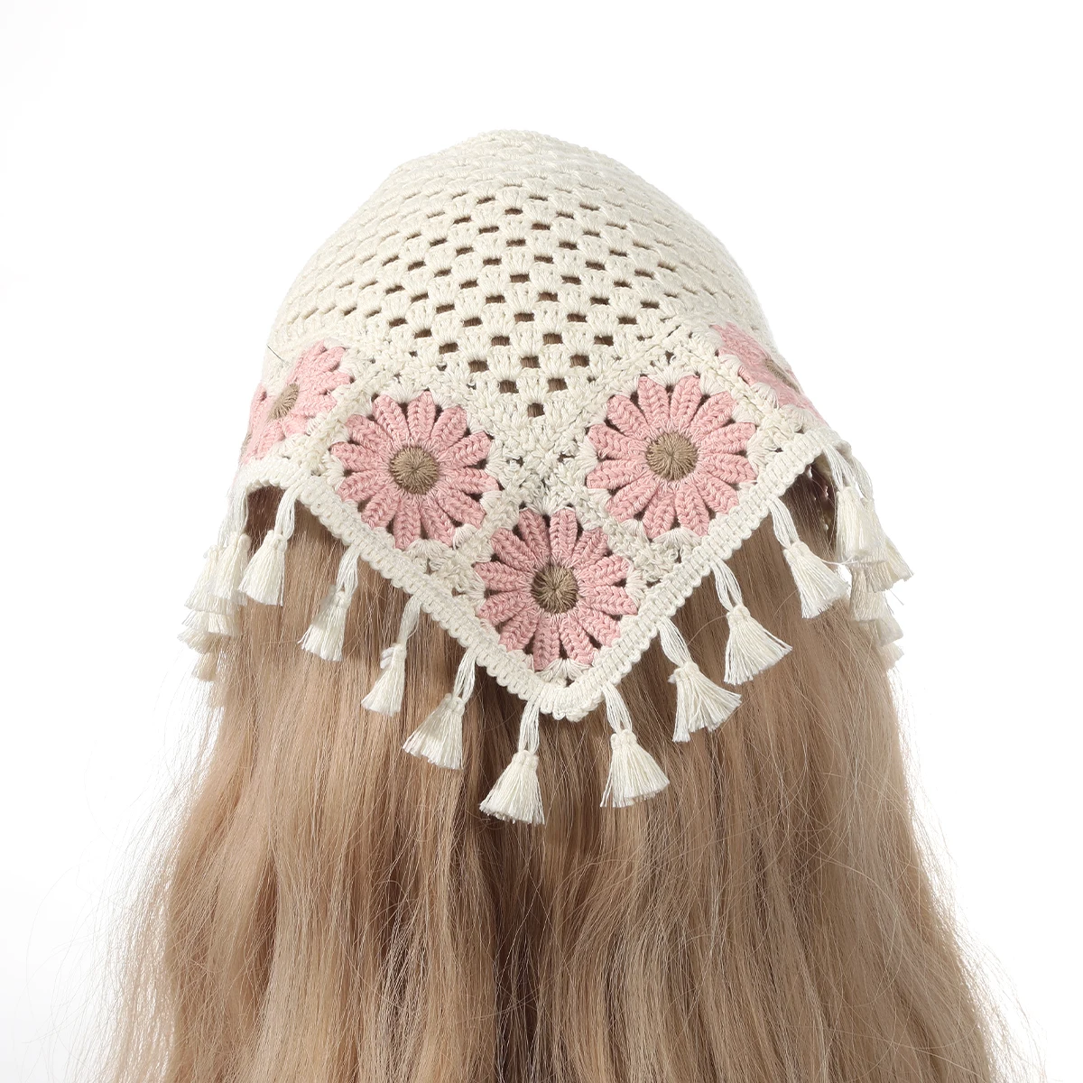 AWAYTR Französisch Retro Quaste Gestrickte Mädchen Dreieck Schal Kopfbedeckung Reise Nette Sonnenblume Häkeln Künstlerische Kopftuch Frauen Stirnband – Detail 2