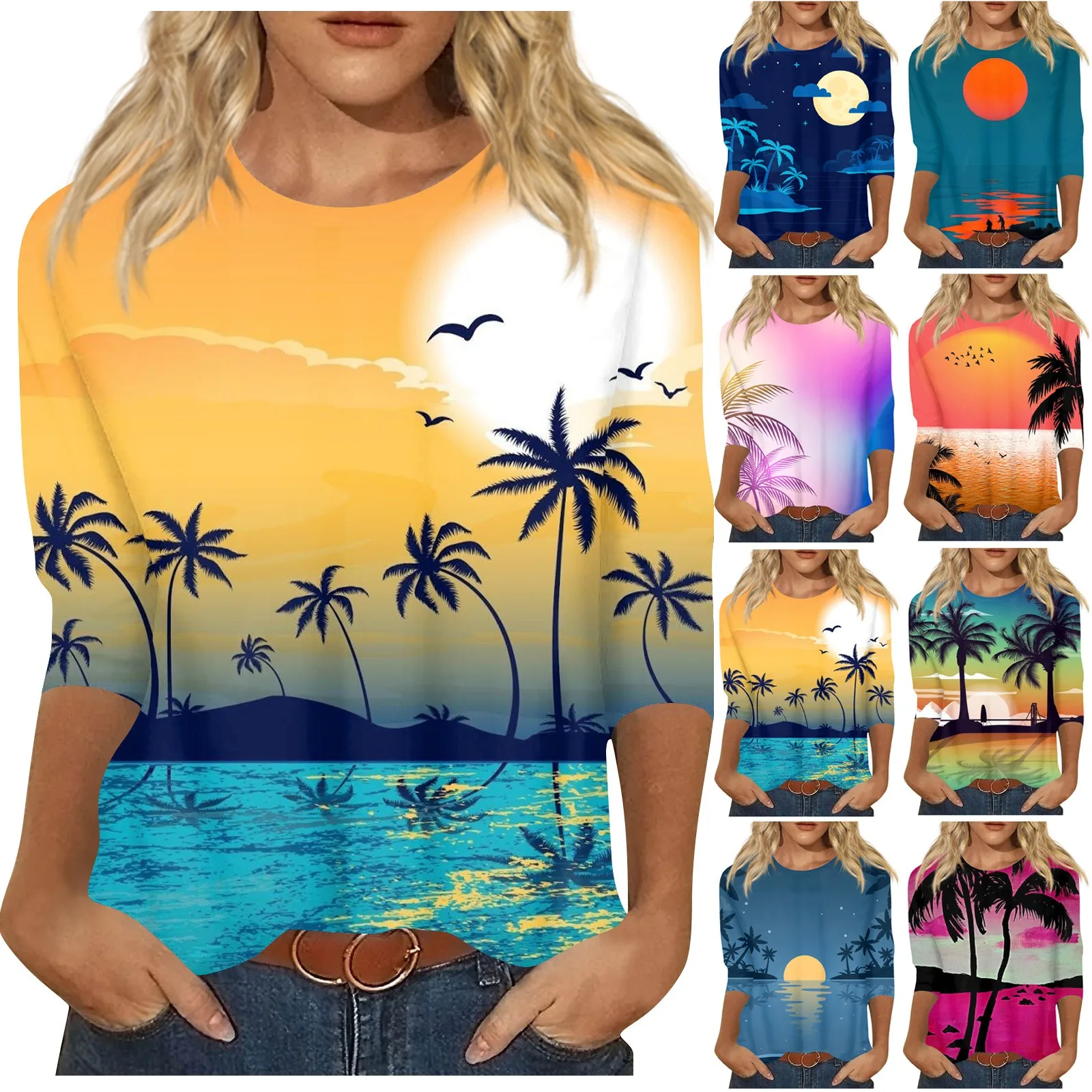 

Women's Fashion Casual Hawaiian Beach Style 3/4 Sleeve Printed Round Neck T-Shirt Top Print Casual Womens Tops And Blouses