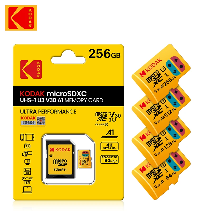  Original Kodak Micro SD Card 512GB 256GB 128GB 64GB U3 High Speed Memory Card U3 A1 V30 Class 10 microSD TF Card For adapter 