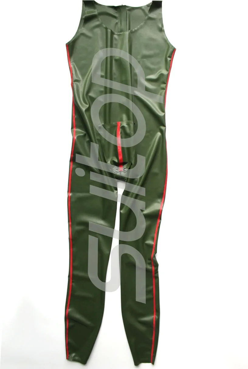 New hot sell latex catsuit in army green and red rubber with back zip sleeveless codpieces