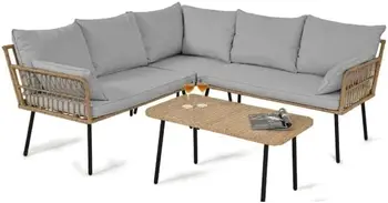 Rattan Patio Furniture Set, Outdoor Wicker Conversation Sectional L-Shaped Sofa with Thickness Cushions and Side Table 4