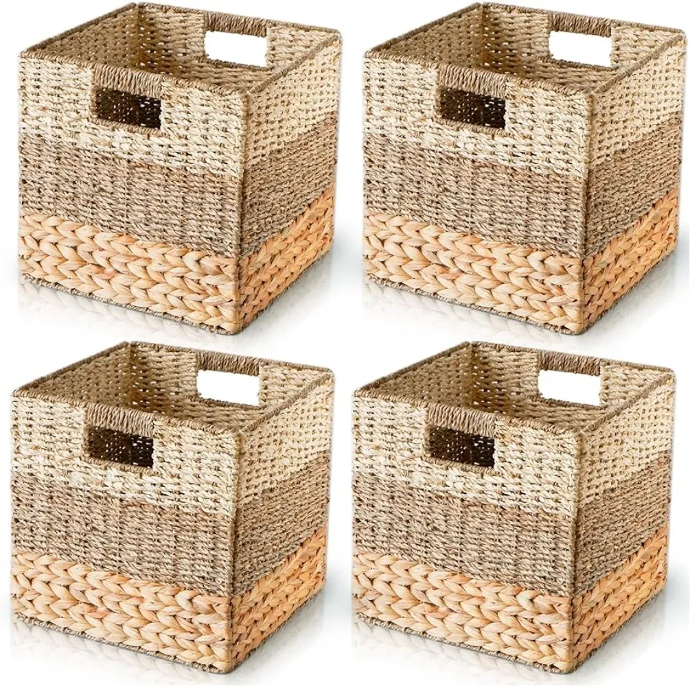 

Natural Wicker Storage Cubes, 12x12 Storage Cube Bins Set of 4 Heavy Duty Hyacinth Baskets for Shelf Foldable Square Baskets