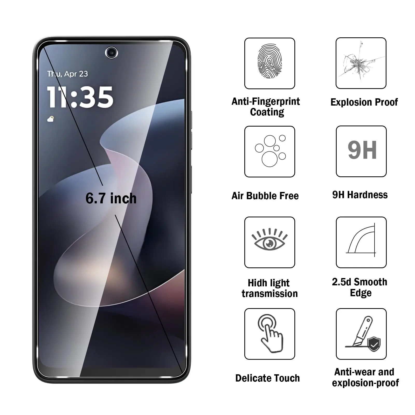 Ultra Clear HD Tempered Glass Screen Protector, 6.7-Inch, 9H Anti-Scratch, Case Friendly