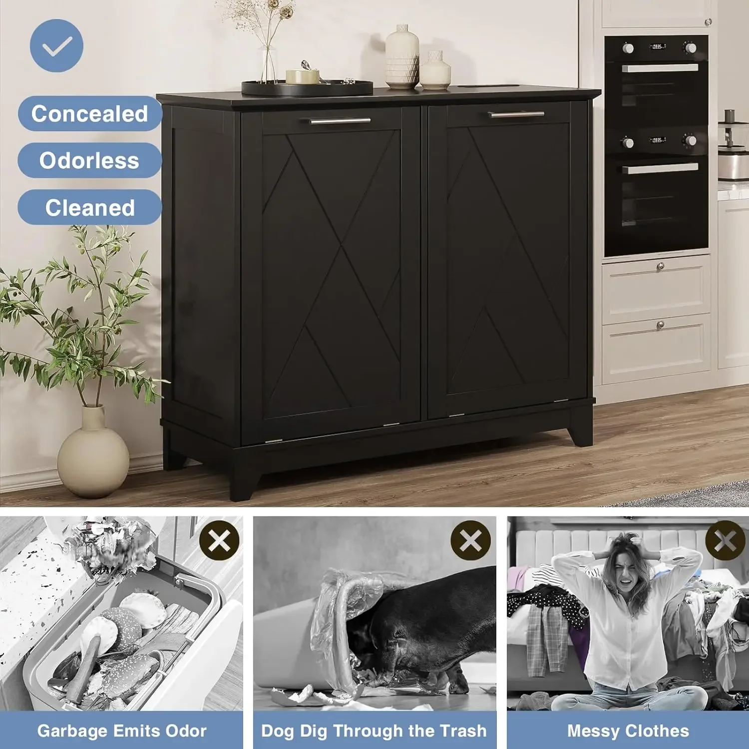 Cabinet, Kitchen Trash Can Cabinet w/Negative ion and deodorizing Function, Dog Proof 20 Gallon Garbage Can Cabinet for Kitchen, 5