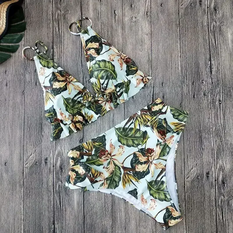 Swimsuits Woman Summer Sexy Bikini Halter Backless Sleeveless Printed Deep-v Ruffle High Waist Two-piece Suit Beach Clothes