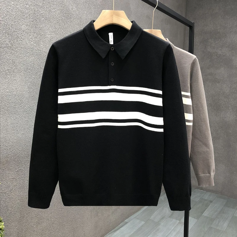 Korean Fashion Autumn New Sweaters Men's POLO Collar Button Contrast Color Trend Casual Long Sleeve Loose Pullovers Knitted Tops