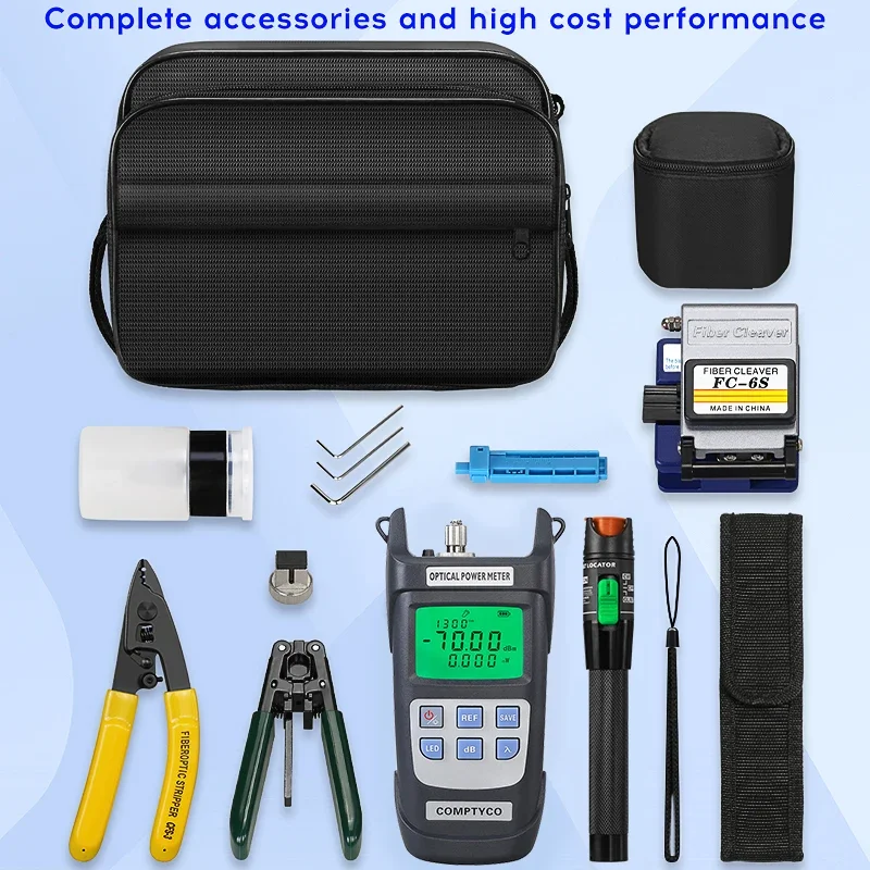 19pcs/set FTTH Fiber Optic Tool Kit with AUA-6S Fiber Cleaver -70~+10dBm Optical Power Meter 10mw VFL Komshine Cleaver FC-6S