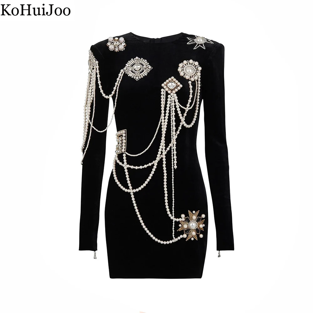 

Luxury Dress Women 2023 Designers Runway Heavy Beading Chain Pearl Long Sleeve Slim Fitting Short Mini Velvet Dresses Black