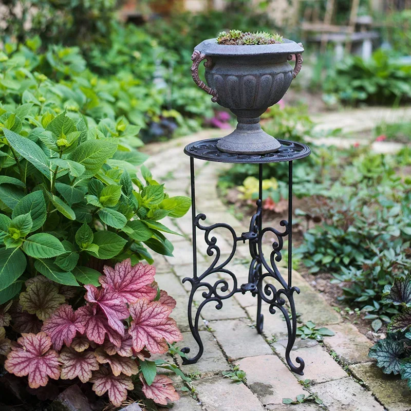 Outdoor Courtyard Plant Stand 2-Layers Cast Iron Flower Base Hollow Out Pattern, Plant Display, Garden Decoration, Storage Shelf