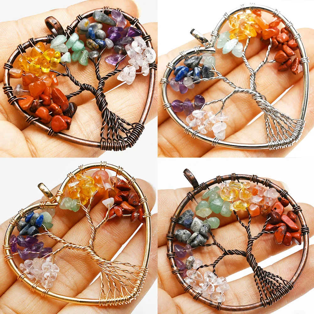 

12pcs/lot Wire Wrap Heart Tree Of Life Natural stone Pendant Chakra Healing Pendulum Jewelry Making Necklace Bulk Wholesales