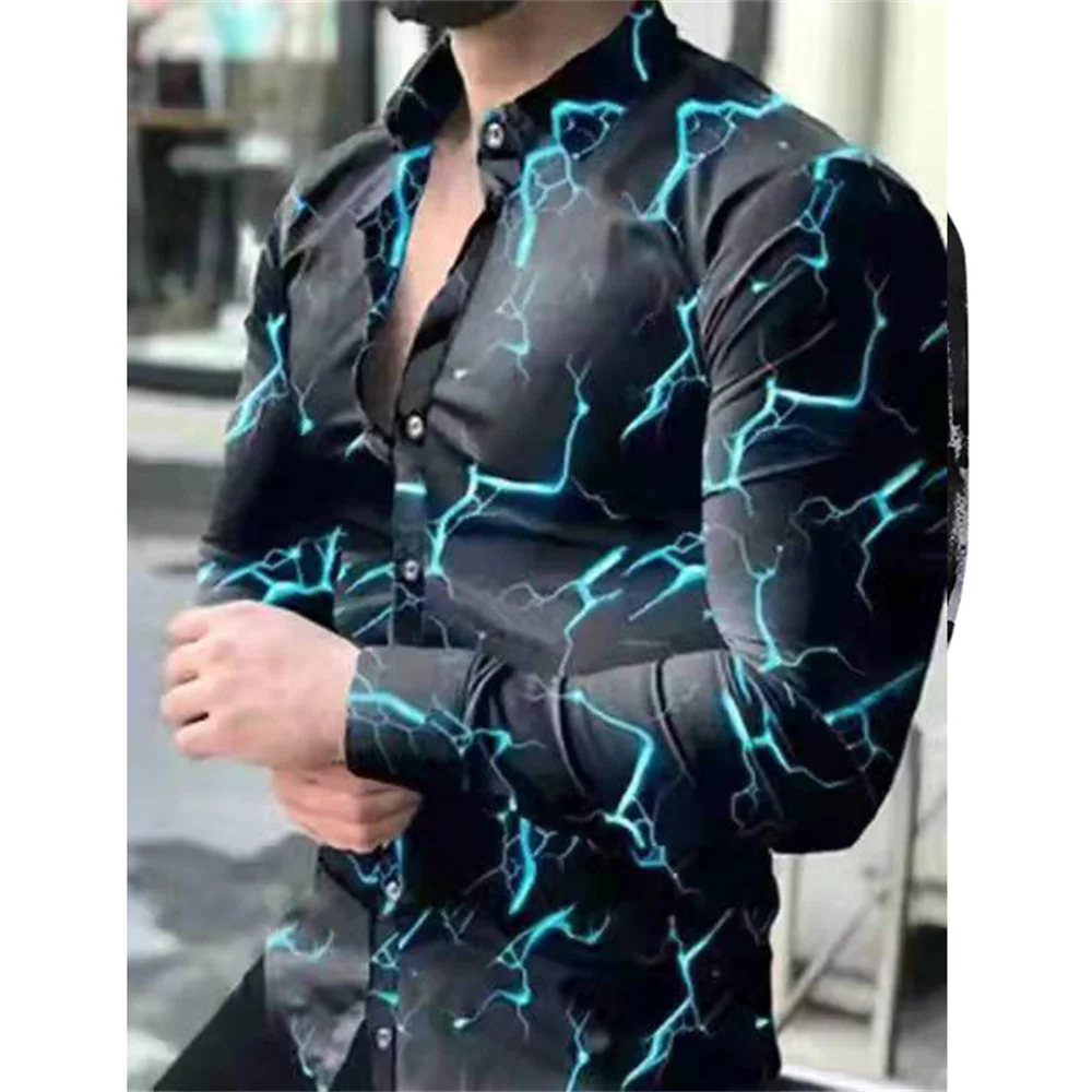 thumbnail image 1 of Camisas de primavera con estampado 3D de cuadros y flores para hombre, camisa de manga larga con solapa y botón, camisas Y2k, ropa informal ajustada a la moda, 1 of 5