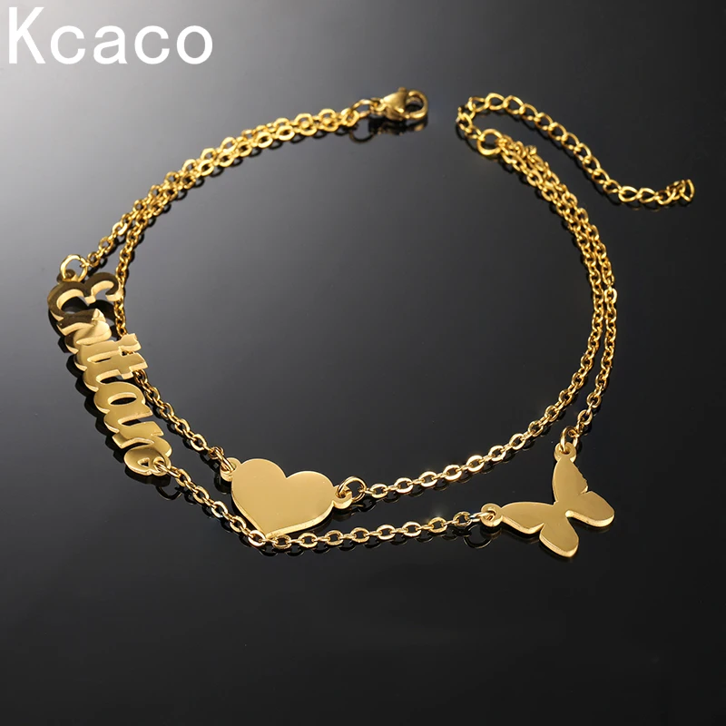 Kcaco Custom Edelstahl Doppelschichten Damen Namensarmband mit Herz Schmetterling Personalisiertes Namensschild Handkette Charm Geschenk – Detail 2