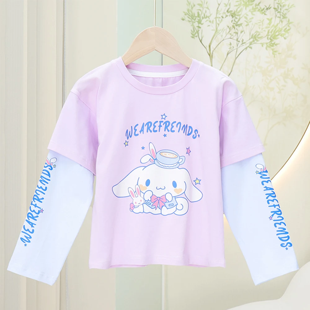 

Cinnamoroll Sanrioed Детские футболки из двух частей аниме Kuromi Melody Весенняя Новинка милый пуловер для девочек Повседневная футболка детская одежда