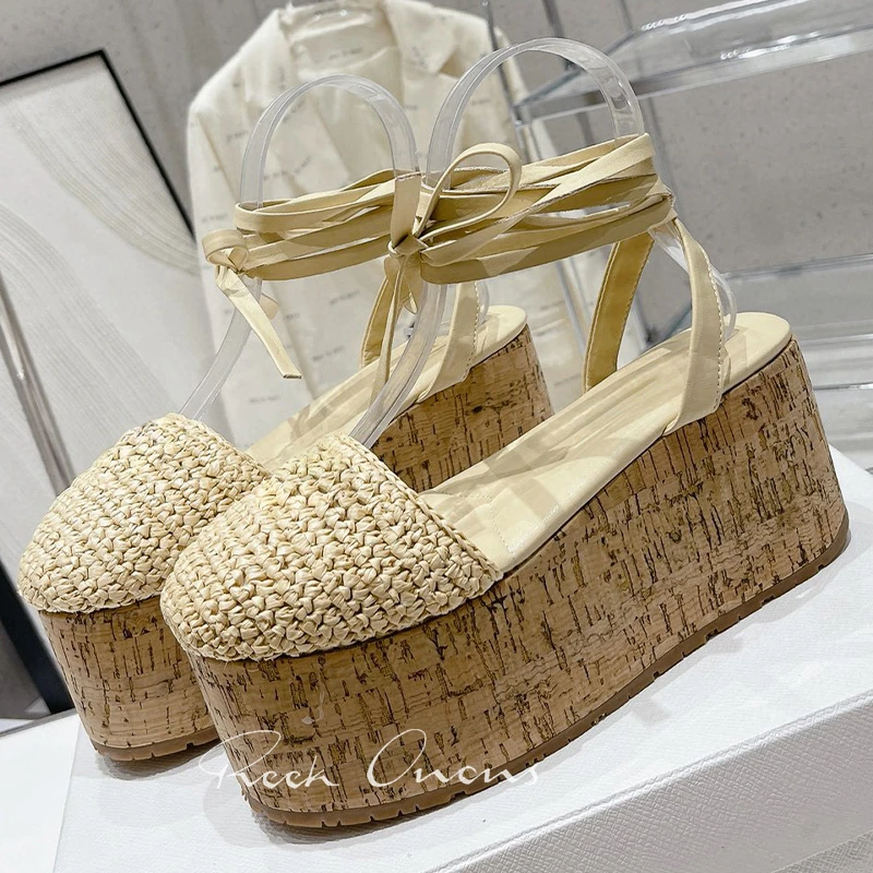 

Beach Women Sandals Summer 2023 New Round Head Platform Sandals Handmade Weave Upper Full Of Design Sense Female Shoes