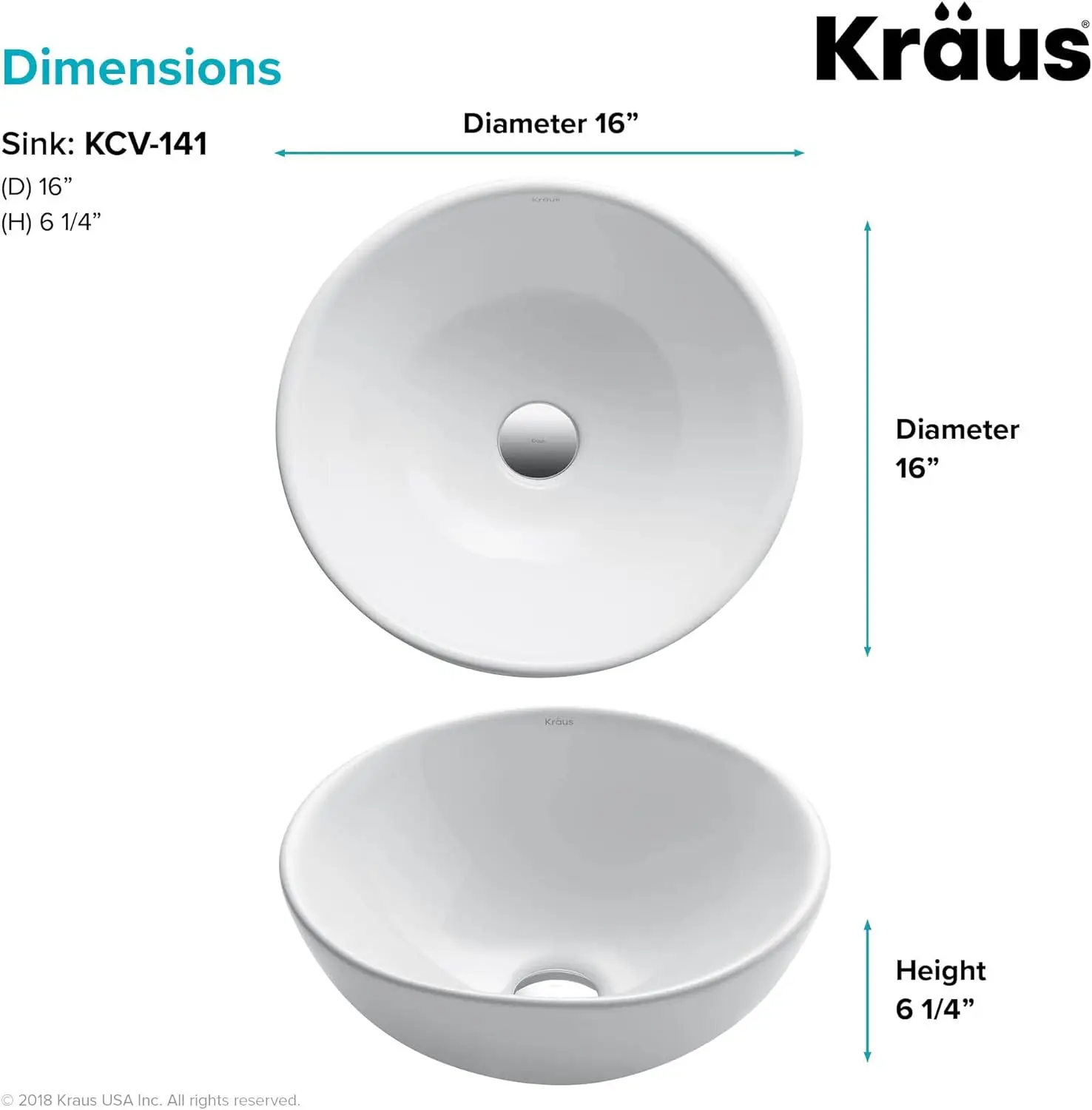 KRAUS Elavo Round Vessel White Porcelain Ceramic Bathroom Sink, 16 inch KCV-141 5
