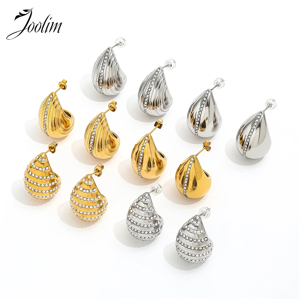 

Joolim Jewelry High Quality PVD Wholesale Waterproof Fashion Luxury Teardrop Zirconia Hoop Stainless Steel Earring for Women