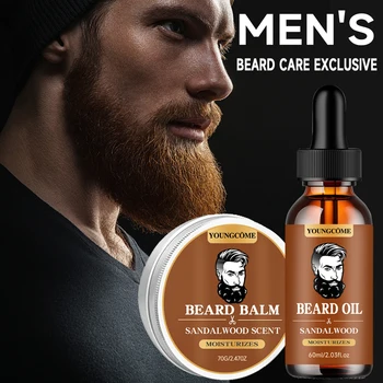 Organic Beard Growth Oil & Sandalwood Balm 1/2/4 Set-24H Nourishing, No Flakes, Men's Grooming Kit with Argan Oil & Vitamin E 1