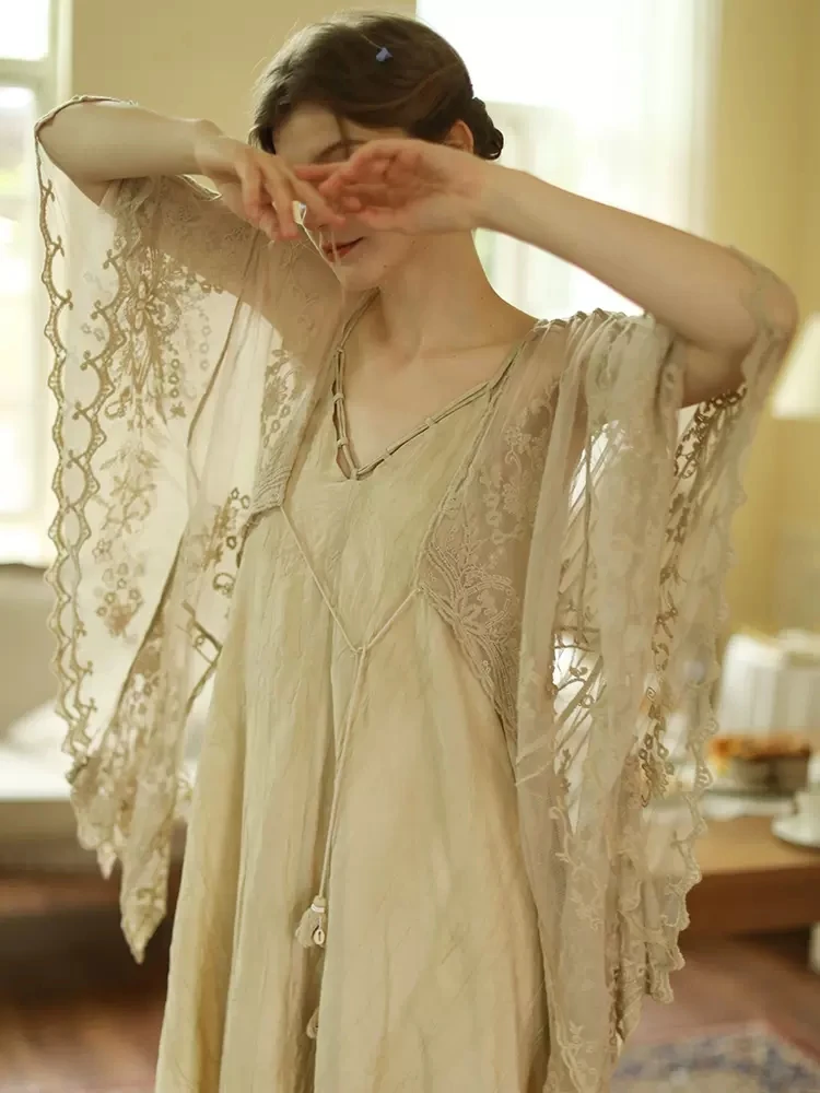 

Spring Summer Women Romantic Delicate Embroidered Cute Mori Kei See-through Lace Cardigans
