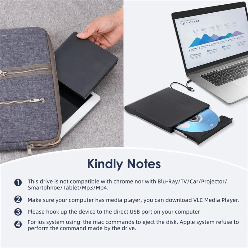 TCES-External CD DVD +/-RW Drive, USB 3.0 & USB-C Portable CD & DVD ROM Burner Player Reader Writer Rewriter Disc Drive