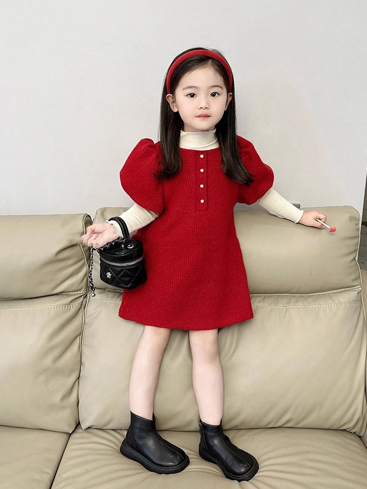 

Childrens Sets Girls Casual Dresses Korean Girls Spring Autumn New Red Knitting Undershirt Princess Active Red Puff Sleeve