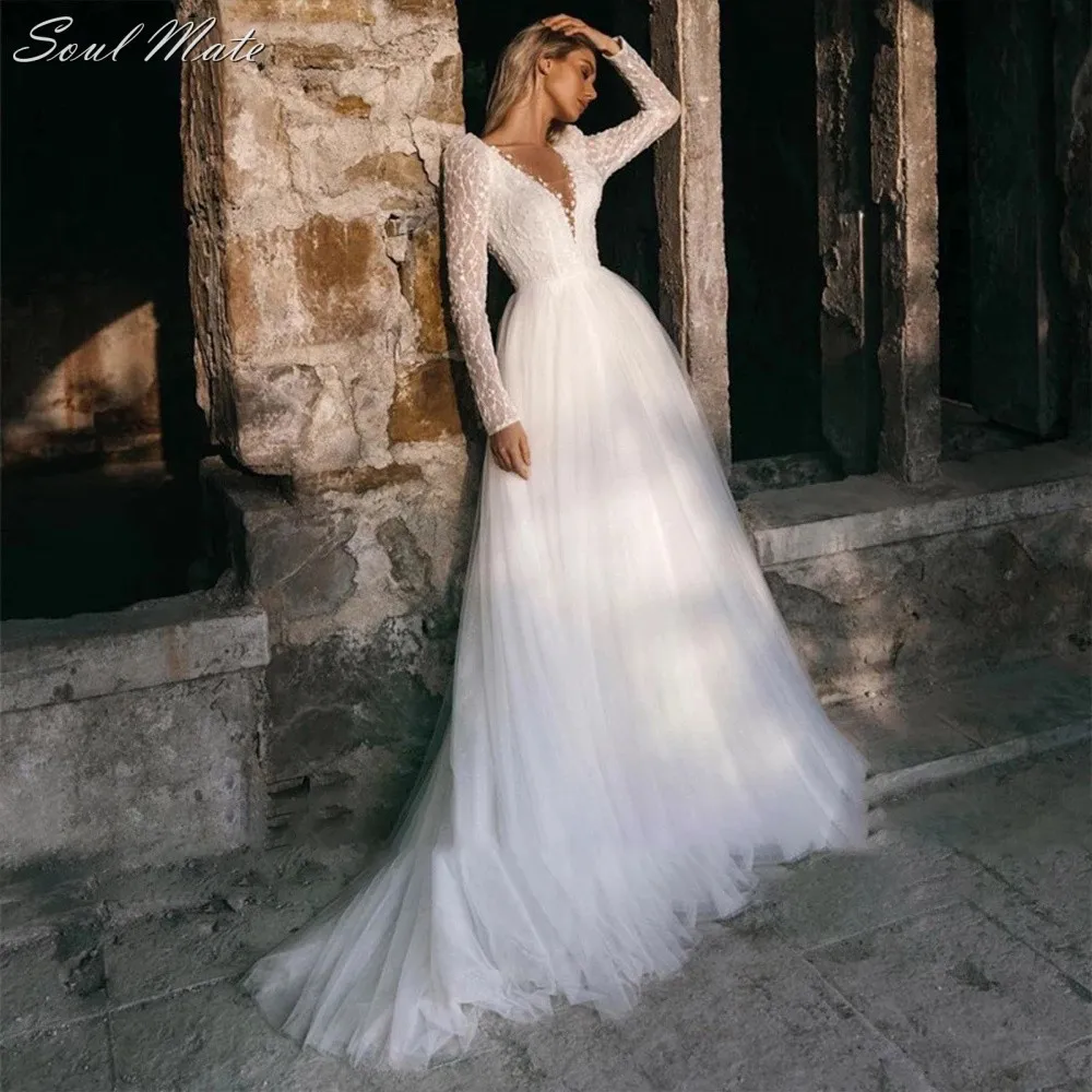 

Sexy Long Sleeve Illusion Back Wedding Dresses For Women Tulle Beach Lace Appliques V-Neck A-Line Bridal Gown Vestido De Noiva