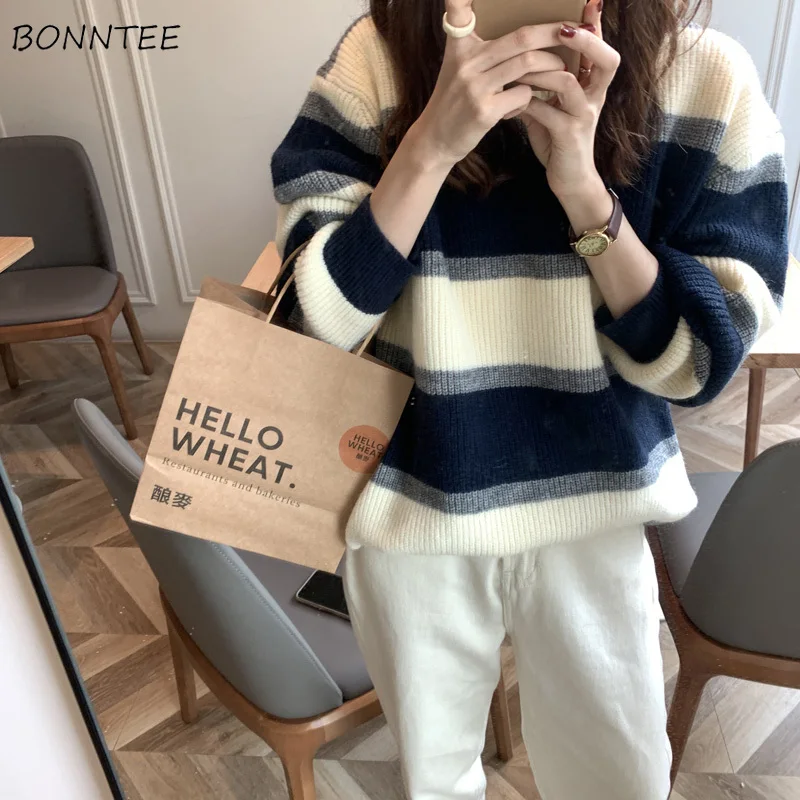 

Pullovers Women Thicker Knitting Striped Vintage Loose Korean Style All-match Leisure Popular O-neck Sweet Long Sleeve Sweater