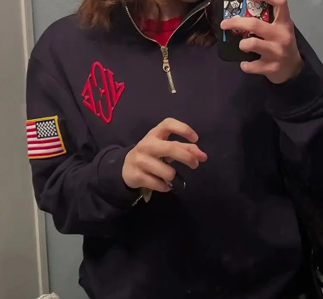 Y2K Vintage Embroidered Sweatshirt Stand Collar Quarter Zip Pullover Oversized Casual Sports Streetwear Mens Unisex 2