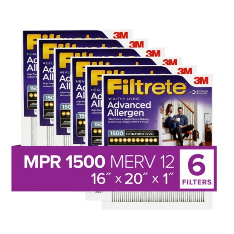 

16x20x1 Air Filter, MPR 1500 MERV 12, Advanced Allergen Reduction, 6 Filters