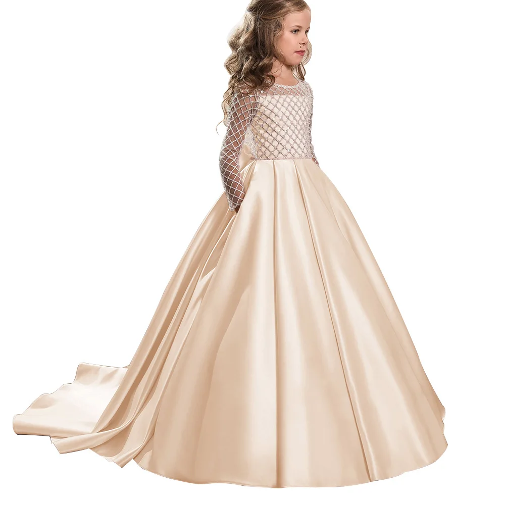 Glitter Satin Princess Flower Girl Dresses Kids Long Sleeve First Communion Birthday Prom Wedding Party Ball Gown flower girl dresses floral appliqu&eacute; dress girls dresses