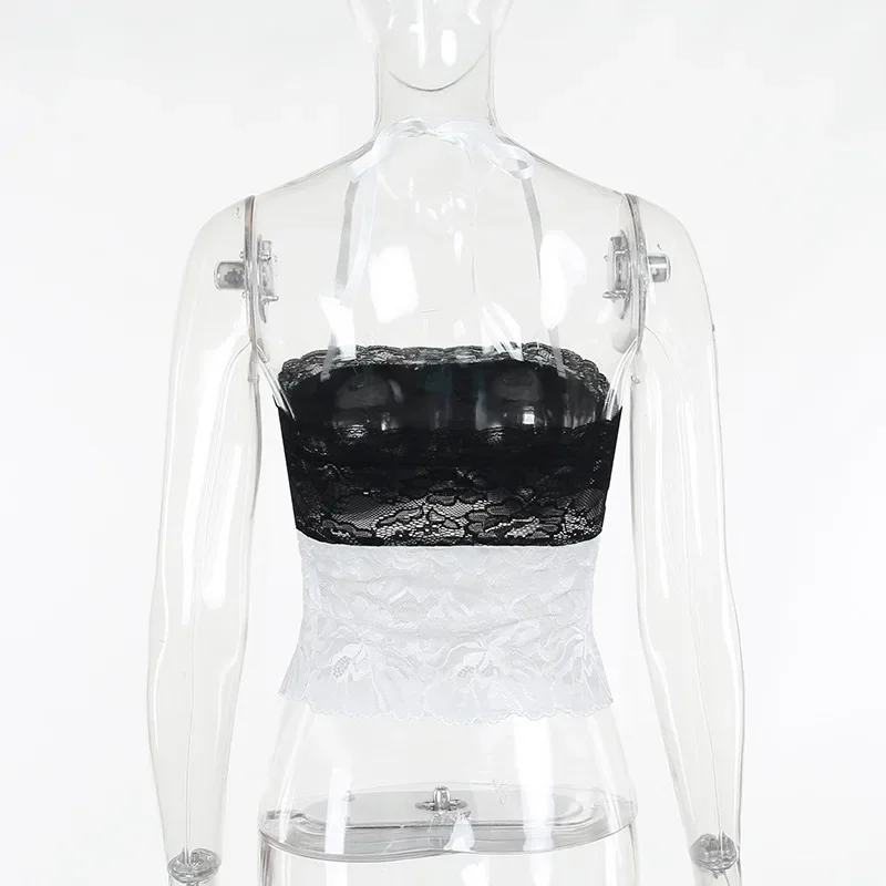 Halter Lace See-Through Crop Top Ruffled Contrast Tank Top - Y2K Fashion Patchwork Strapless Sexy Contrast Cropped Top