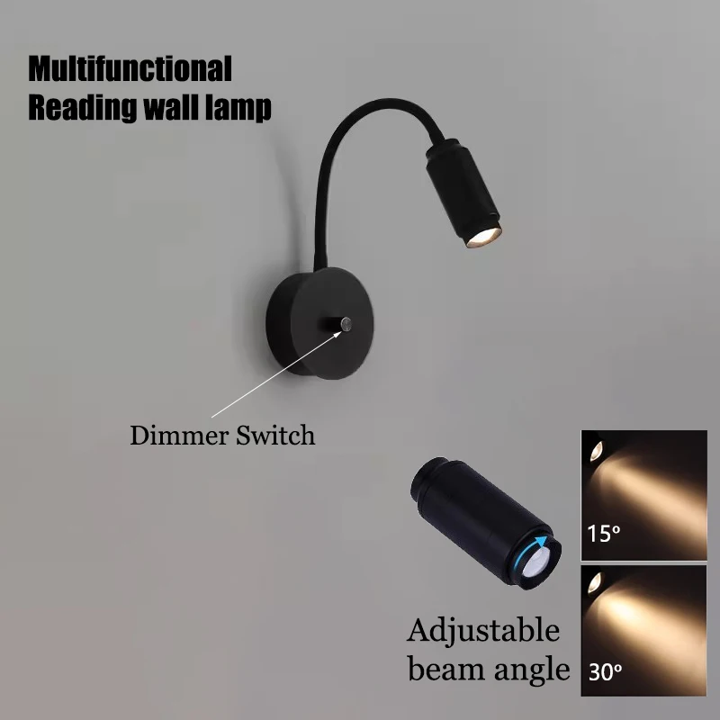 

3W/5W Multifun Wall Lamp Dimmable Adjusting Beam Angle Flexible Hose Wall Mounted Spotlight Bedside Reading Light Night Light