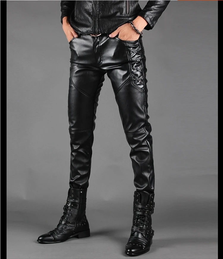 Description Picture 3 of itemMen's Motorcycle Leather Trousers Slim Fit PU Punk Leather Pants Fashion Casual Black Skinny Leather Pants Men