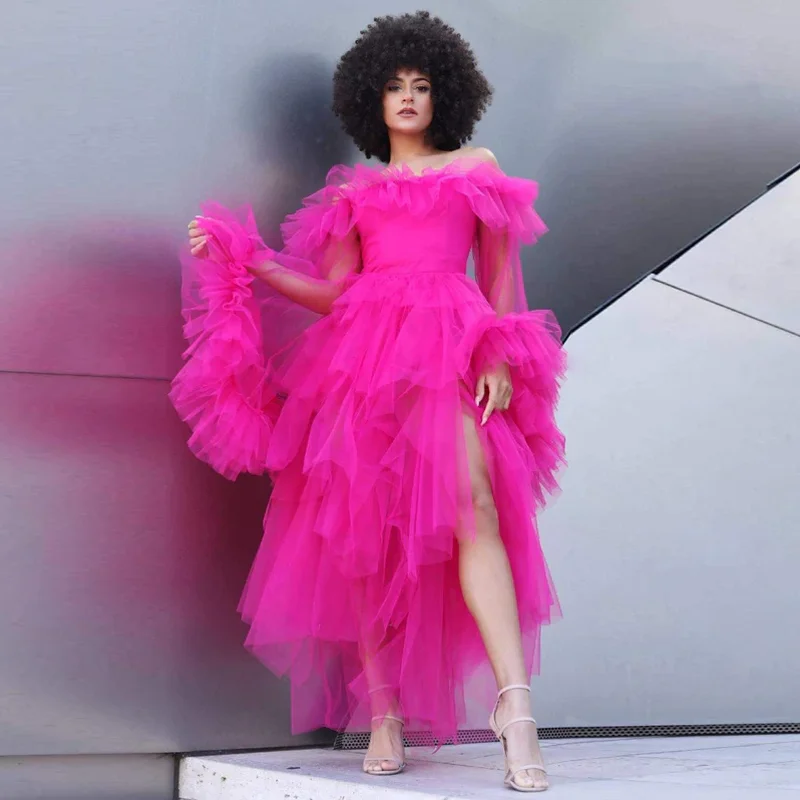 

Hot Pink Ruffles Tulle Party Dresses Off the Shoulder Side Slit Long Prom Gown Women Birthday Dress Custom Made robes de soirée