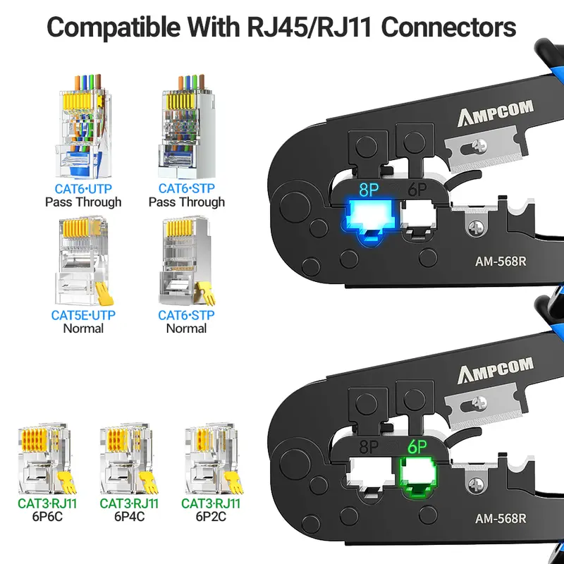 AMPCOM rj45 crimper RJ11 RJ45 Crimping Tool Ethernet Network LAN Cable Crimper Cutter Stripper Plier for 6P 8P RJ-11/RJ-12 RJ-45 - Image 2