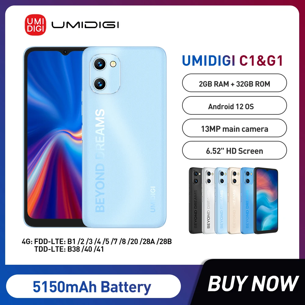 

UMIDIGI C1/G1 Global Version 6.52" FHD Screen Smartphones 2GB+32GB MTK6739 Quad Core Dual SIM 13MP Camera 5150mAh Mobile Phones