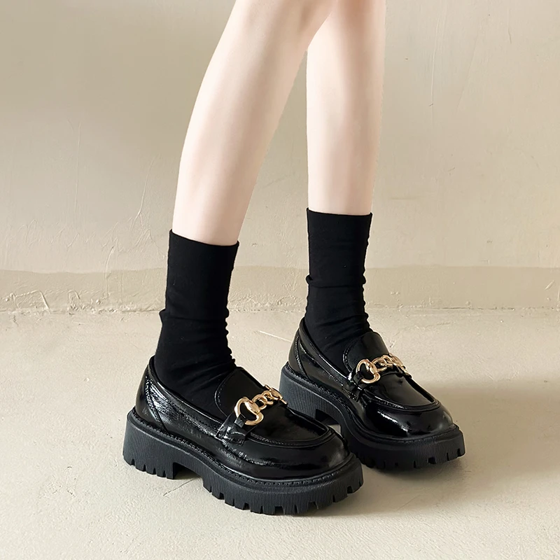 loafers Female Shoes Women Fashion Mary Janes Round Toe Flats Loafers Oxfords Platform Casual Metal Chain Buckle Ladies Heels