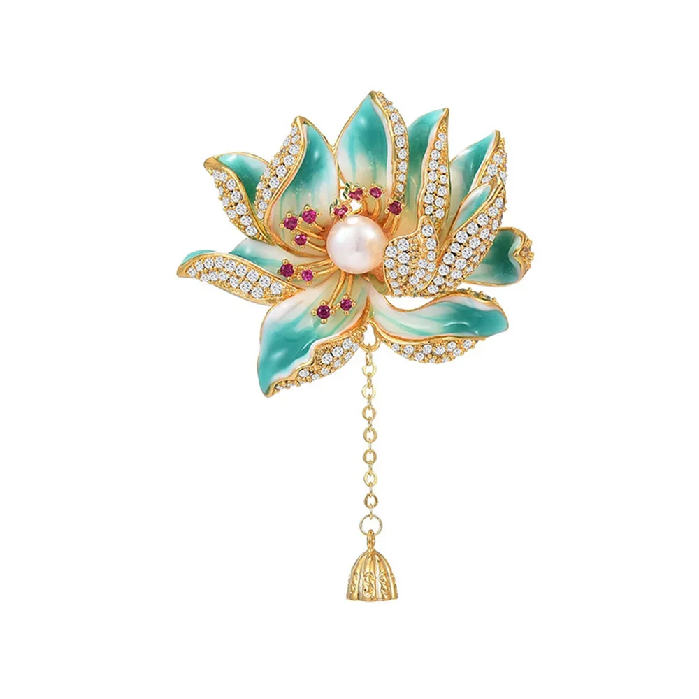 Elegant Enamel Lotus Tassel Pearl Brooch for Women Exquisite High Quality Flower Botanical Badge Jewelry Birthday Party Gift