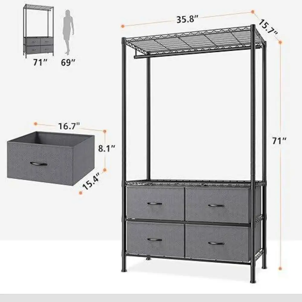 Metal Clothing Rack with Adjustable Shelves and Drawers