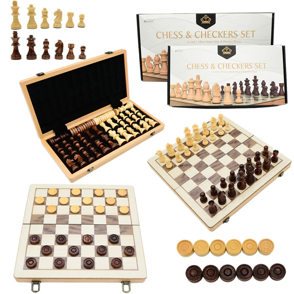 2-in-1 International Chess Checkers Wooden Dual Queen Professional Board Game Toy
