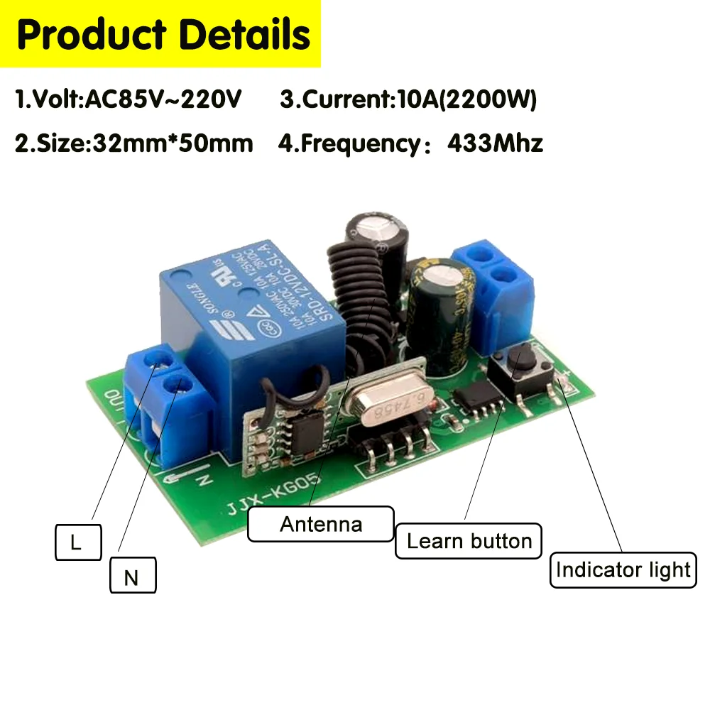 433MHz 무선 원격 제어 스위치 AC110V 220V 10A 1CH 릴레이 모듈 수신기 ON OFF Led 조명 전구에 대 한 원격 제어 DIY