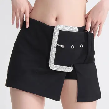 하이웨이스트 패치워크 다이아몬드 장식 벨트 미니멀리스트 A 라인 스커트, 스플릿 미니 스커트, 여성 패션 스타일 의류, 여름 신상