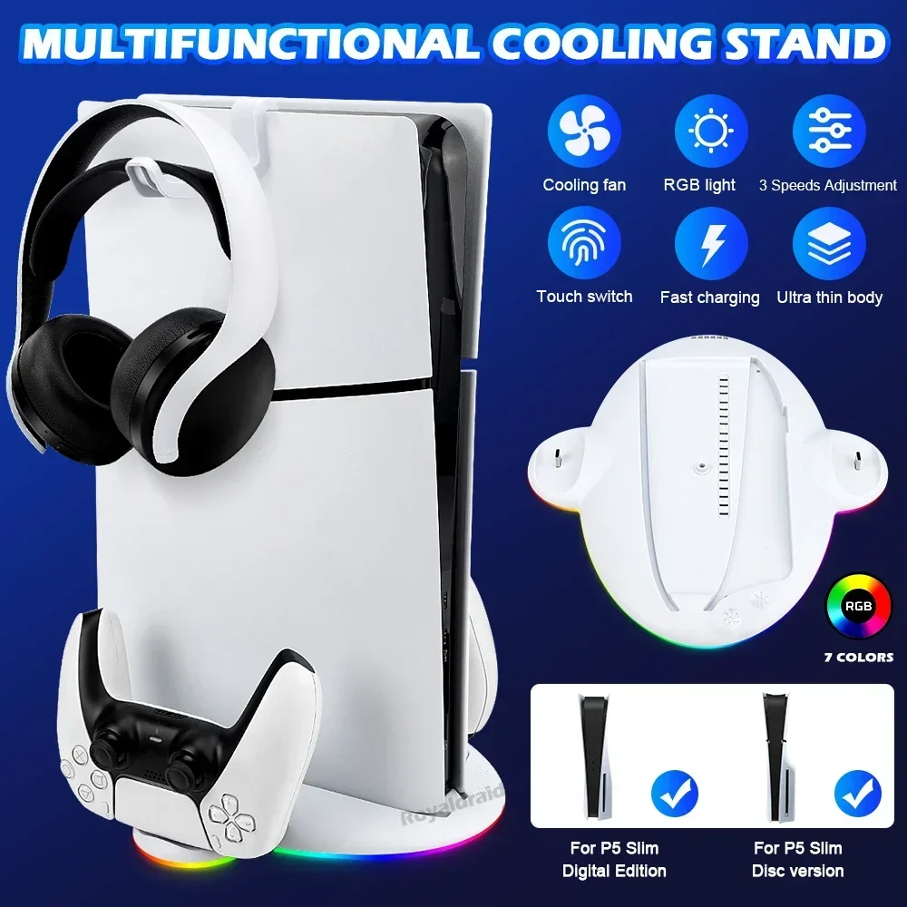 PS5 슬림 스탠드 냉각 스테이션(RGB LED 조명 포함) 및 PS5 슬림 디스크용 PS5 슬림 컨트롤러 급속 충전기