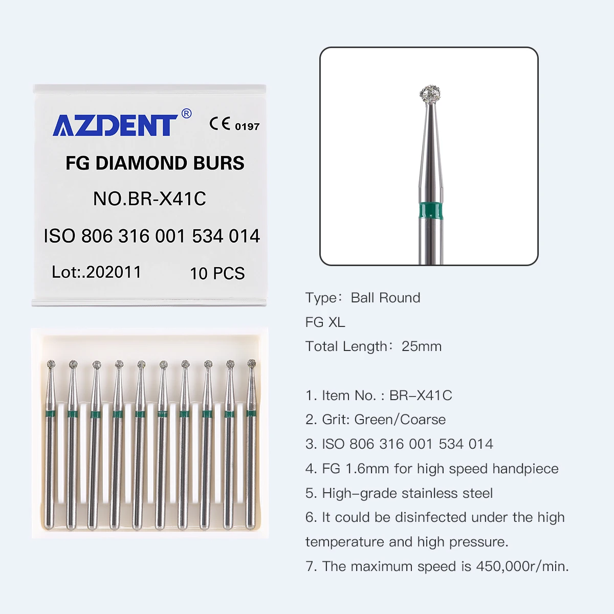 AZDENT 10 Stück/Box Dental-Diamantbohrer FG 1,6 mm Bohrkugel, runde grobe Körnung für Hochgeschwindigkeitshandstück, Zahnmedizin-Instrument – Detail 10